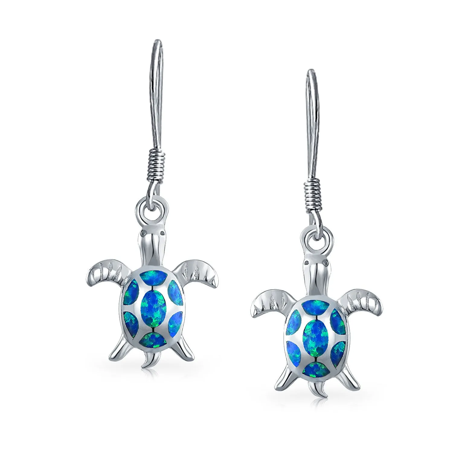 Nautical Opal Sea Turtle Dangle Gemstone Earrings in Sterling Silver