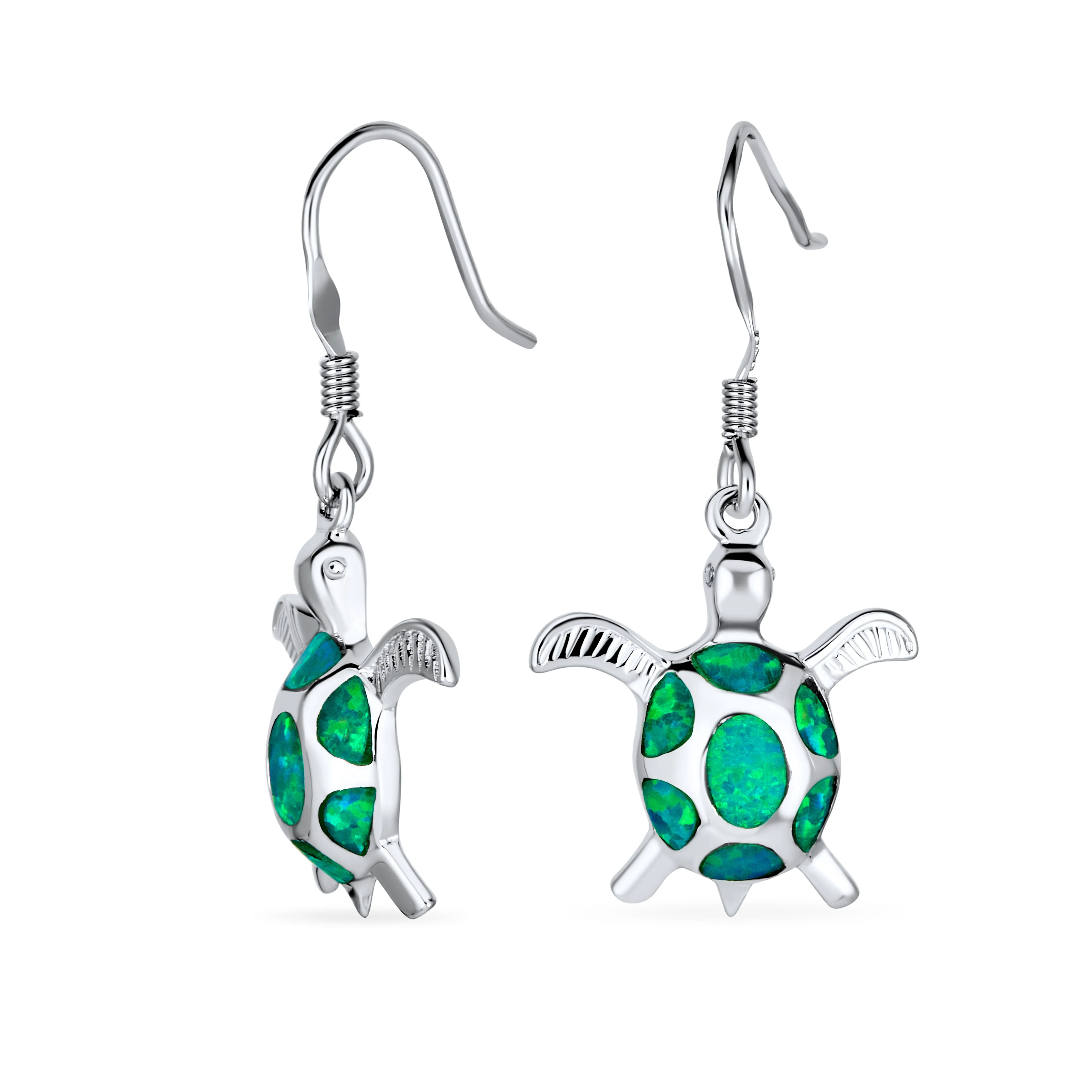 Nautical Opal Sea Turtle Dangle Gemstone Earrings in Sterling Silver