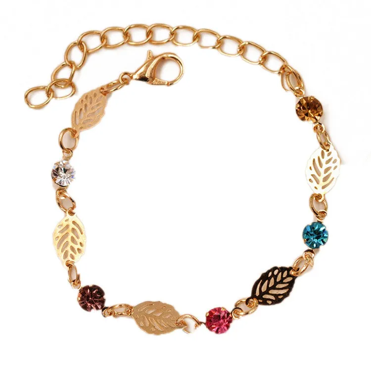 New Arrival Summer Style Leaf Chain Rhinestone Bracelet Bangle Chic Retro Bracelets For Women Gift