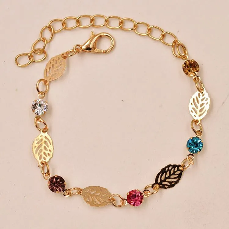 New Arrival Summer Style Leaf Chain Rhinestone Bracelet Bangle Chic Retro Bracelets For Women Gift