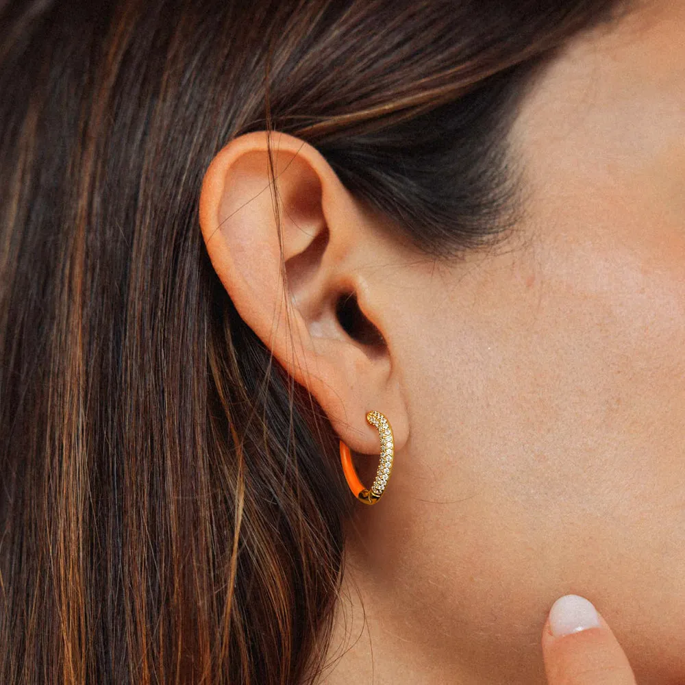 Orange Enamel Heart Huggie Hoop Earrings