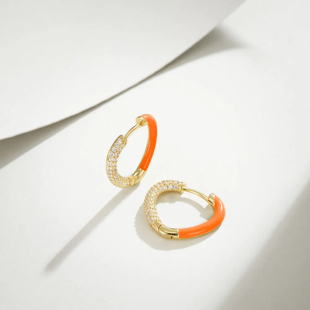 Orange Enamel Heart Huggie Hoop Earrings