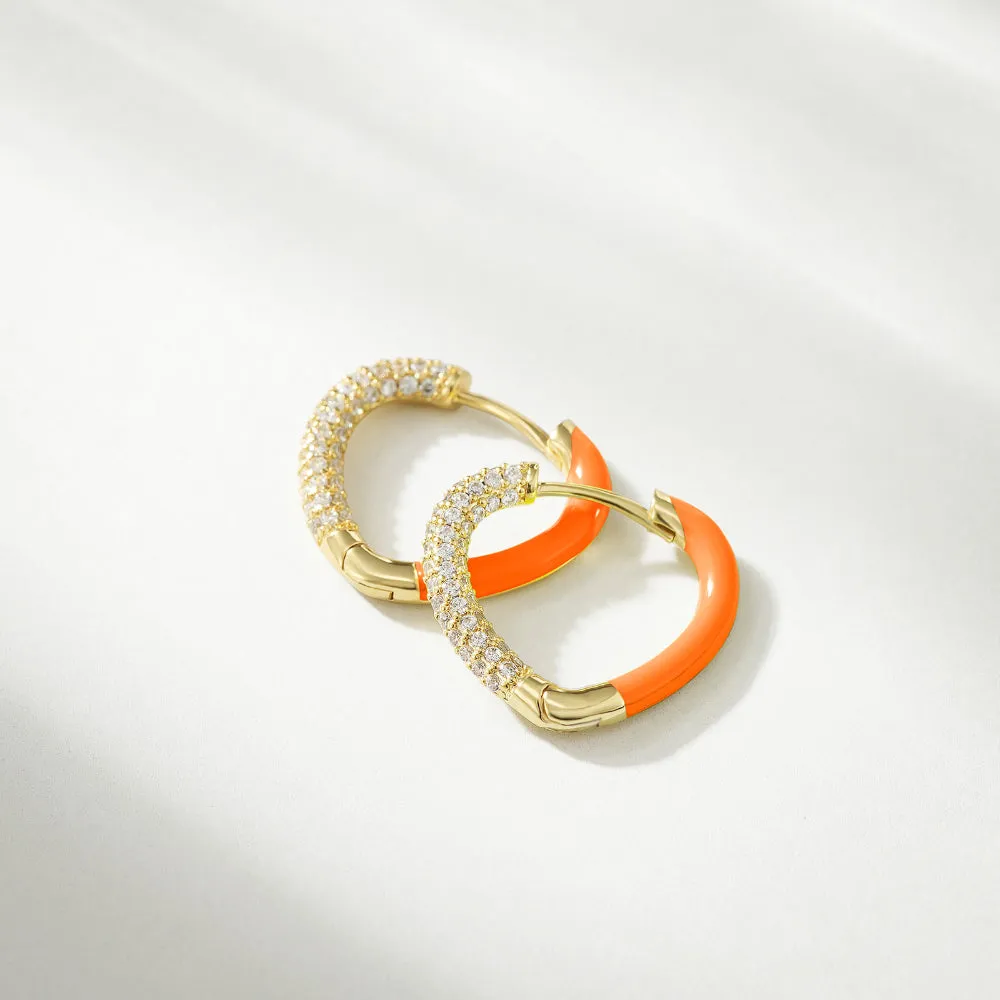 Orange Enamel Heart Huggie Hoop Earrings