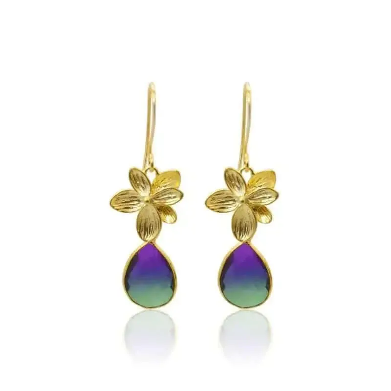 Orchid Earrings - Peacock Aura Single Bloom Plumeria Gold Earrings