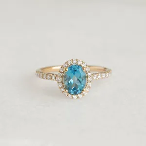 Oval Swiss Blue Topaz Halo Ring 14k Gold - Suna