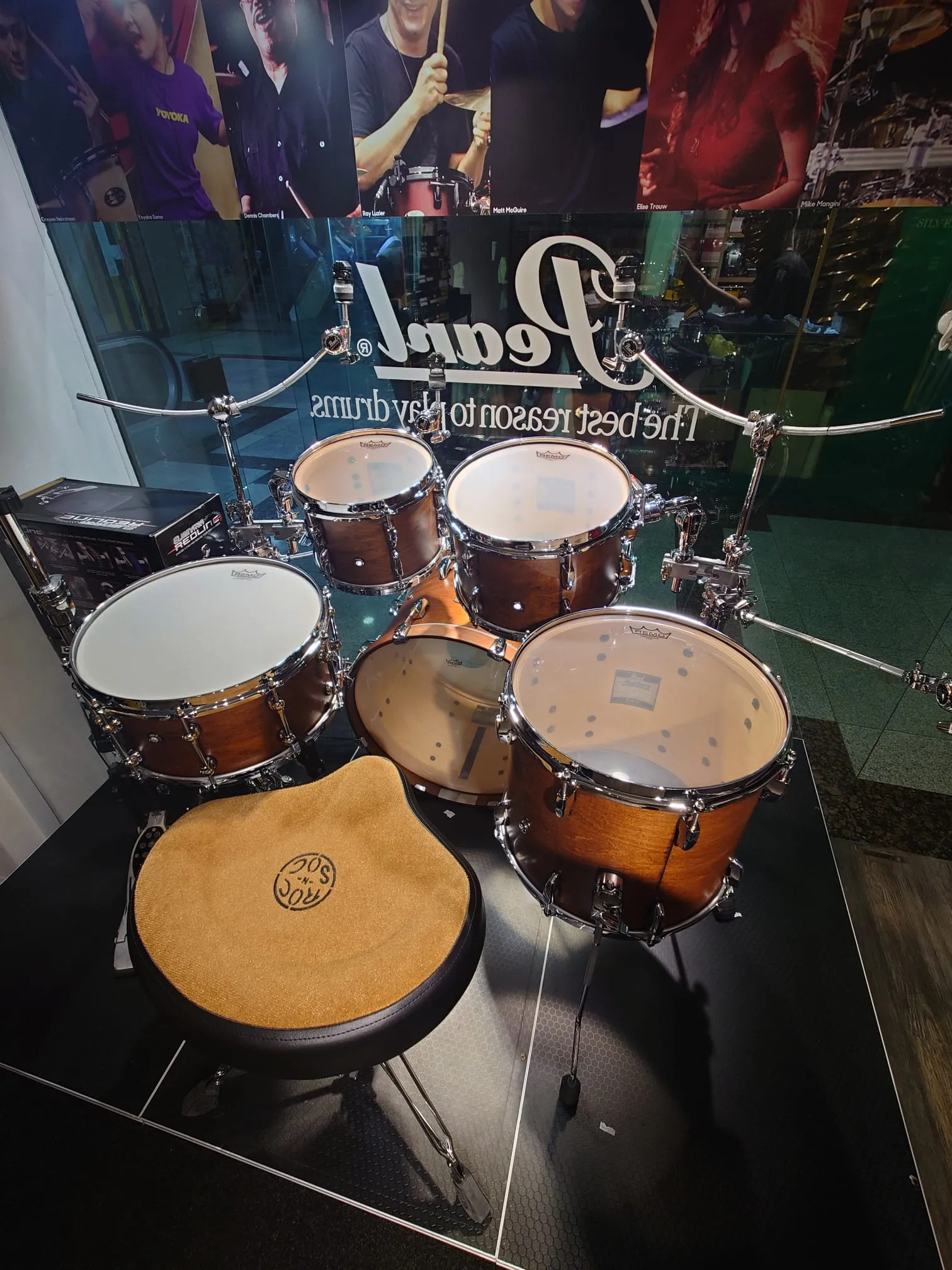 Pearl Masters Maple Reserve series in Matte Walnut, complete 5 piece shell set including matching snare drum