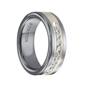 REGINALD Flat Tungsten Carbide Wedding Band with Satin Finished Silver Inlay and Channel Set Diamonds by Triton Rings - 8 mm