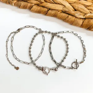 Set of Three | Chain and Beaded Bracelet Set in Silver Tone