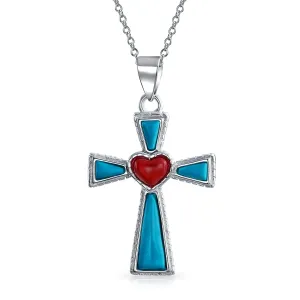 Southwestern Red Heart Cross Pendant Necklace Sterling Silver Teen Jewelry