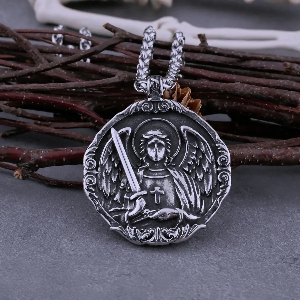 Stainless Steel St. Michael Protection US Cross Viking Necklace