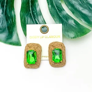 Truly Tropical Raffia Rectangle Earrings in Brown With Green Crystal