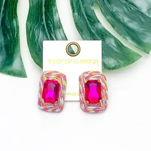 Truly Tropical Raffia Rectangle Earrings in Multicolor With Fuchsia Pink Crystal