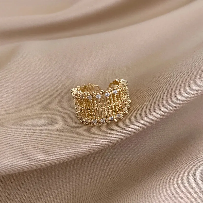 VAIGE Elegant Gold-tone Brass Hollow Mesh Ring with Zircon Inlay for Luxury Weddings and Parties