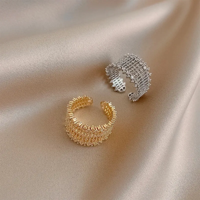 VAIGE Elegant Gold-tone Brass Hollow Mesh Ring with Zircon Inlay for Luxury Weddings and Parties