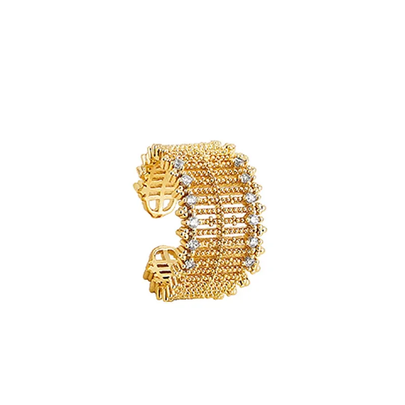 VAIGE Elegant Gold-tone Brass Hollow Mesh Ring with Zircon Inlay for Luxury Weddings and Parties