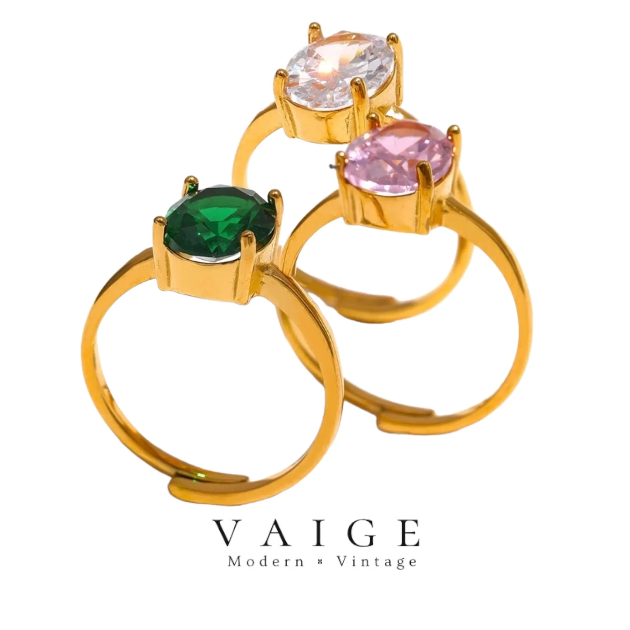 VAIGE Roxanne Geometric Elegance Adjustable Ring Collection in Emerald Green, Pink, and Clear Zirconia