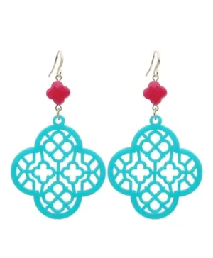 Vibrant Teal Blossom Latice Work Earings