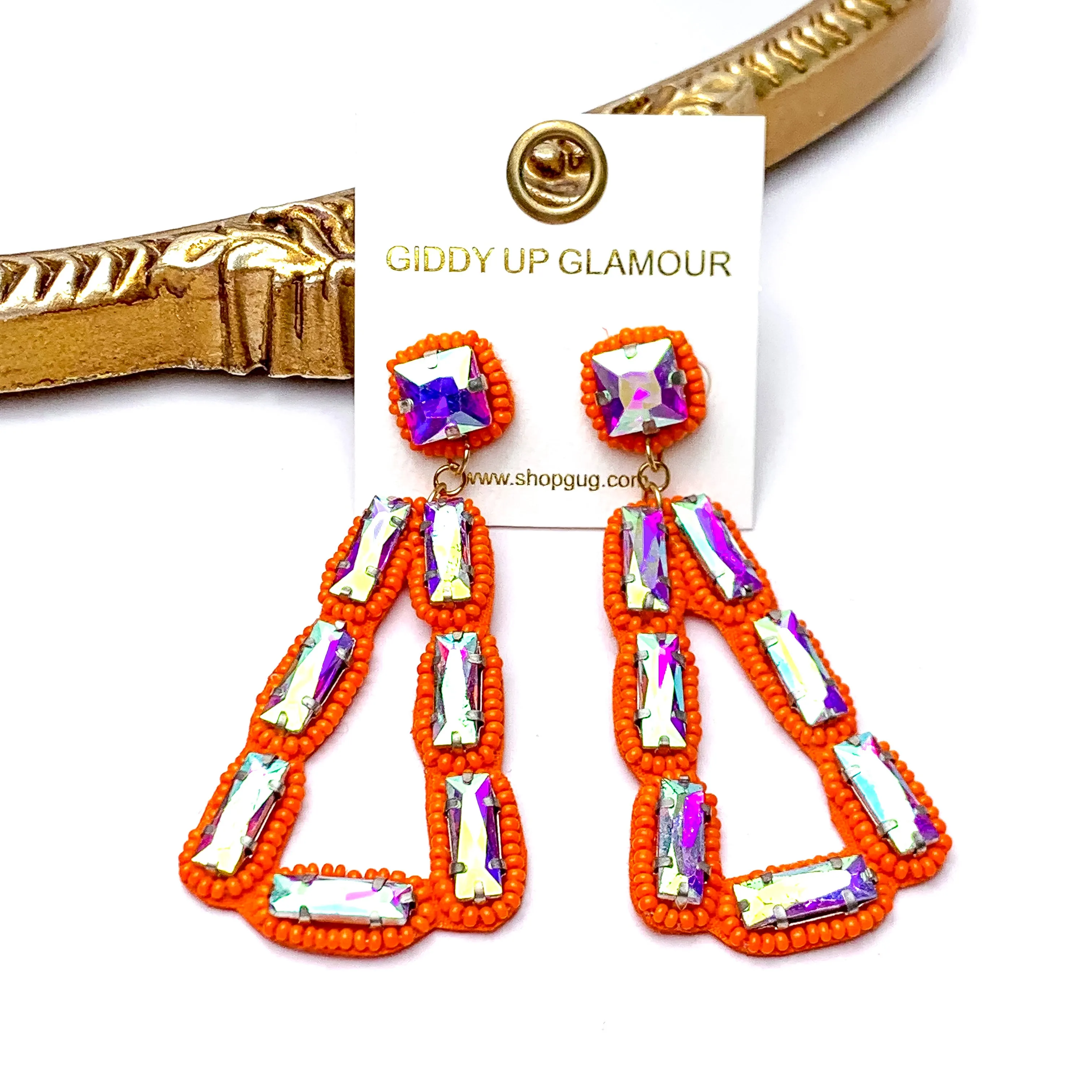 Vibrant Vistas Triangular Seed Bead Drop Earrings with AB Stones in Orange