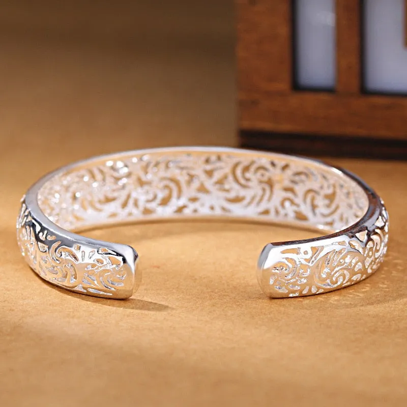 Vintage Jewelry Hollow Flower Bangle Bracelet for Women  in 925 Sterling Silver