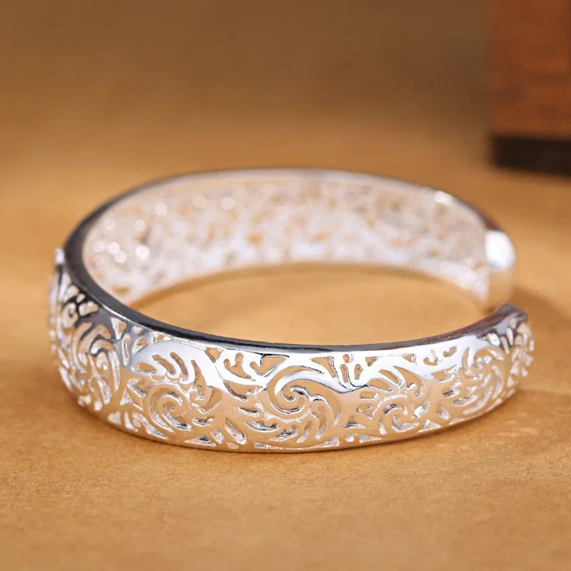 Vintage Jewelry Hollow Flower Bangle Bracelet for Women  in 925 Sterling Silver