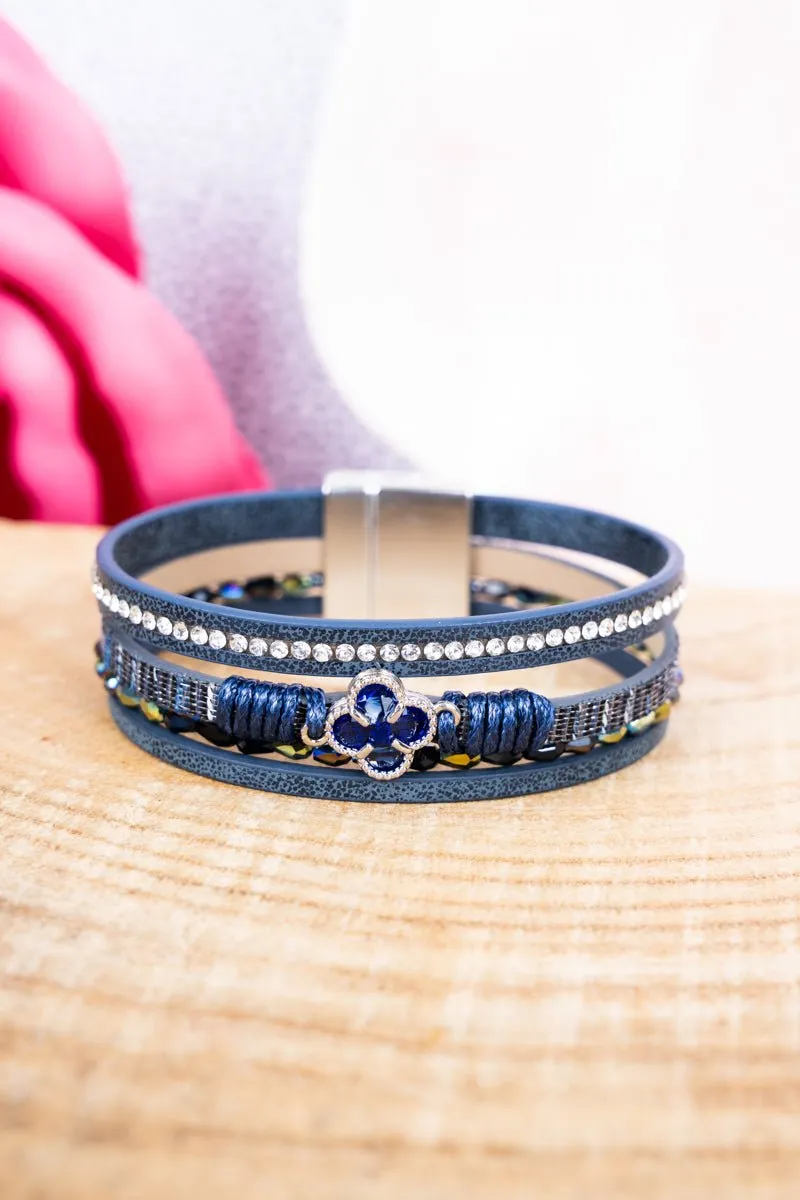 Viola Blue Clover Goldtone Multi-Strand Magnetic Bracelet