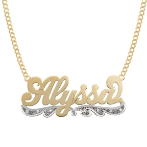 Women's Script Name Plate Diamond Ribbon Necklace 14K Gold - Style 70