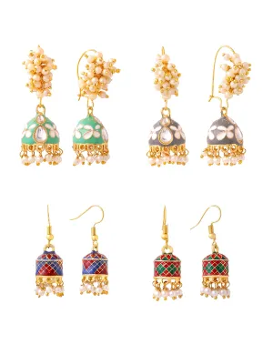 Yellow Chimes Meenakari Jhumka Earrings for Women | Traditional Jhumki Earrings Set for Girls | Combo of 4 Pairs Jhumkas Ethnic Gold Plated Women Earrings | Birthday Gift For Girls