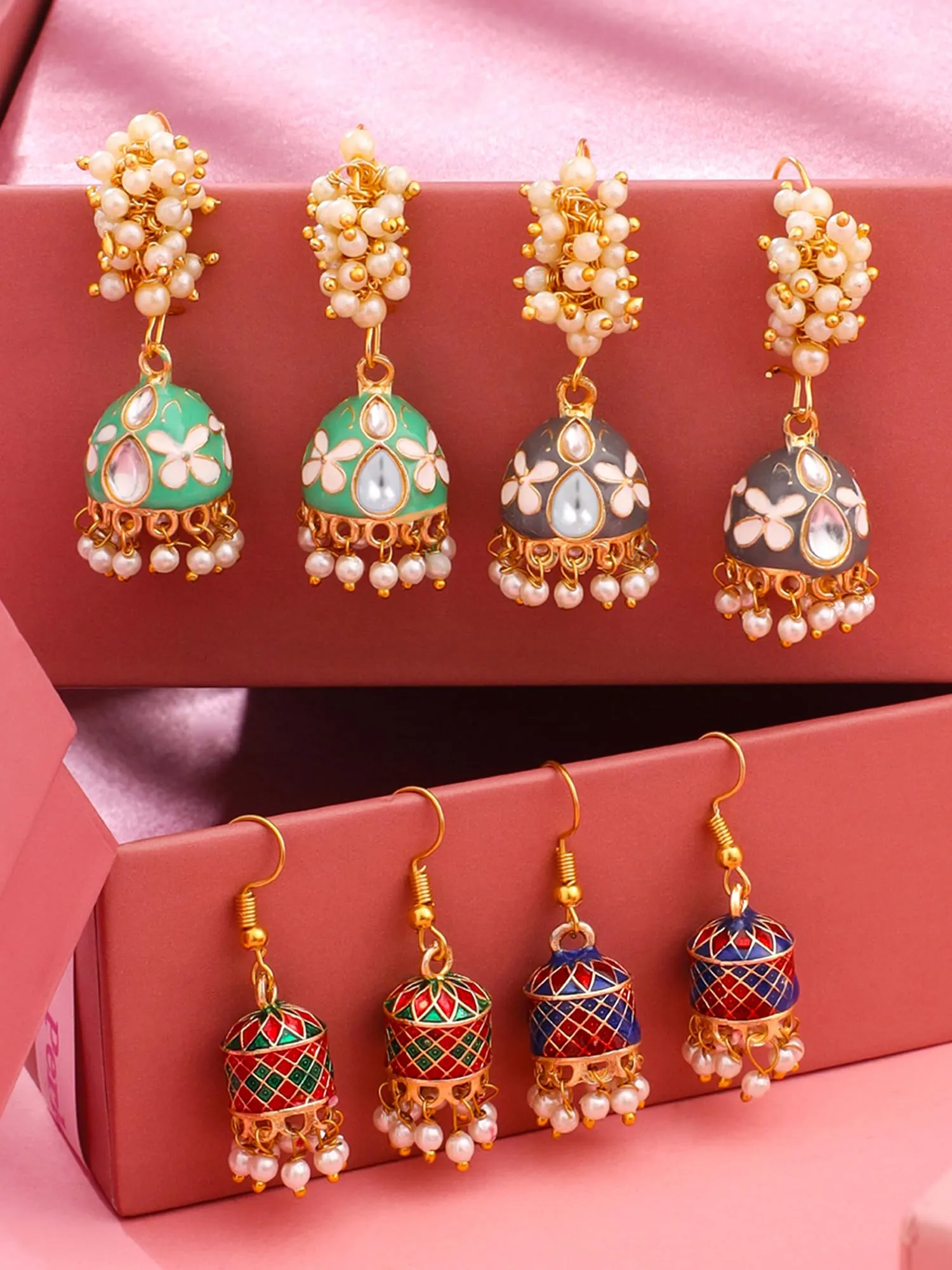 Yellow Chimes Meenakari Jhumka Earrings for Women | Traditional Jhumki Earrings Set for Girls | Combo of 4 Pairs Jhumkas Ethnic Gold Plated Women Earrings | Birthday Gift For Girls