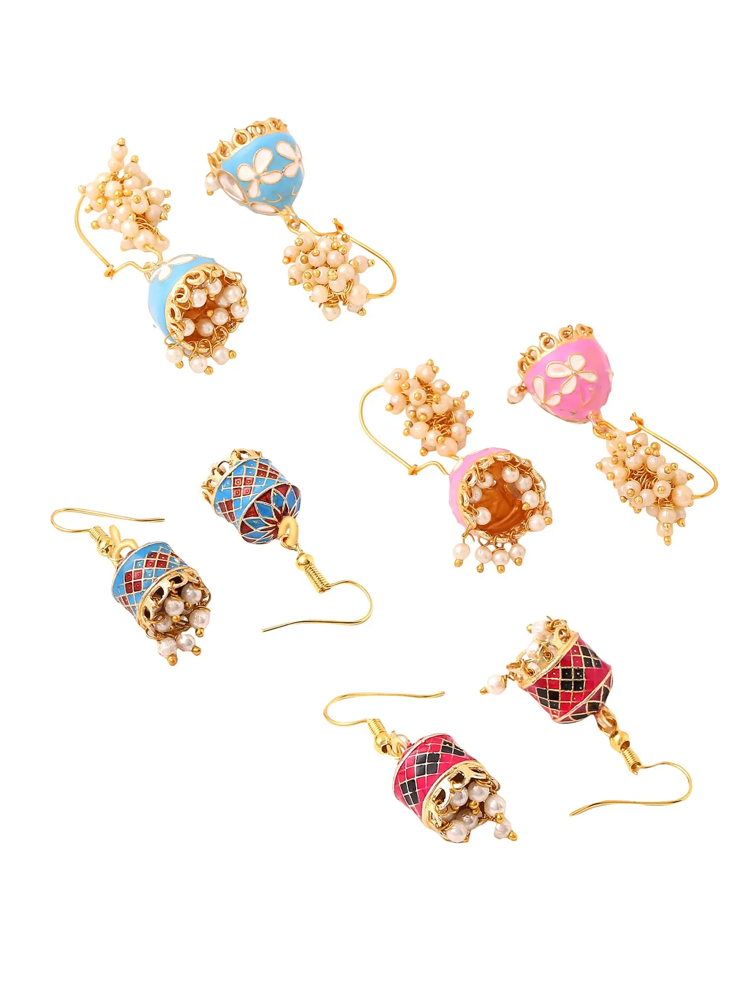 Yellow Chimes Meenakari Jhumka Earrings for Women | Traditional Mothi Hoop Jhumki Earrings Set for Girls | Combo of 4 Pairs Jhumkas Ethnic Gold Plated Women Earrings | Birthday Gift For Girls