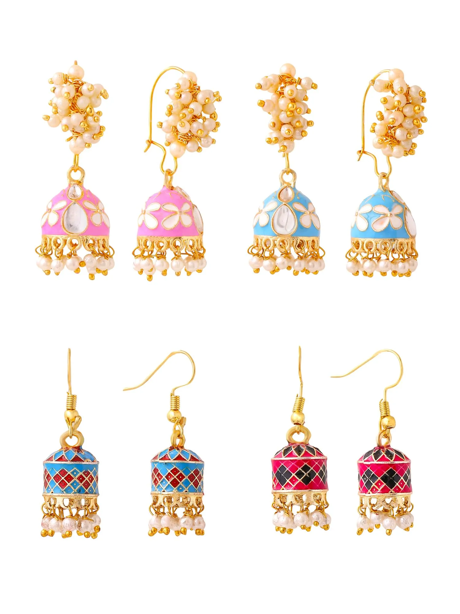 Yellow Chimes Meenakari Jhumka Earrings for Women | Traditional Mothi Hoop Jhumki Earrings Set for Girls | Combo of 4 Pairs Jhumkas Ethnic Gold Plated Women Earrings | Birthday Gift For Girls