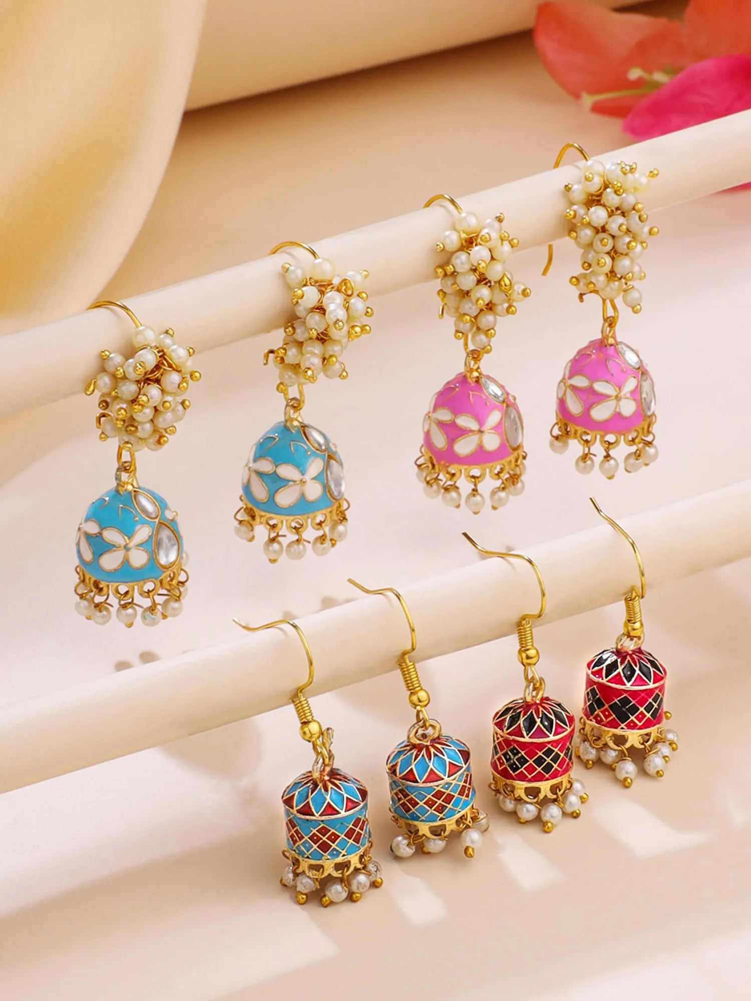 Yellow Chimes Meenakari Jhumka Earrings for Women | Traditional Mothi Hoop Jhumki Earrings Set for Girls | Combo of 4 Pairs Jhumkas Ethnic Gold Plated Women Earrings | Birthday Gift For Girls