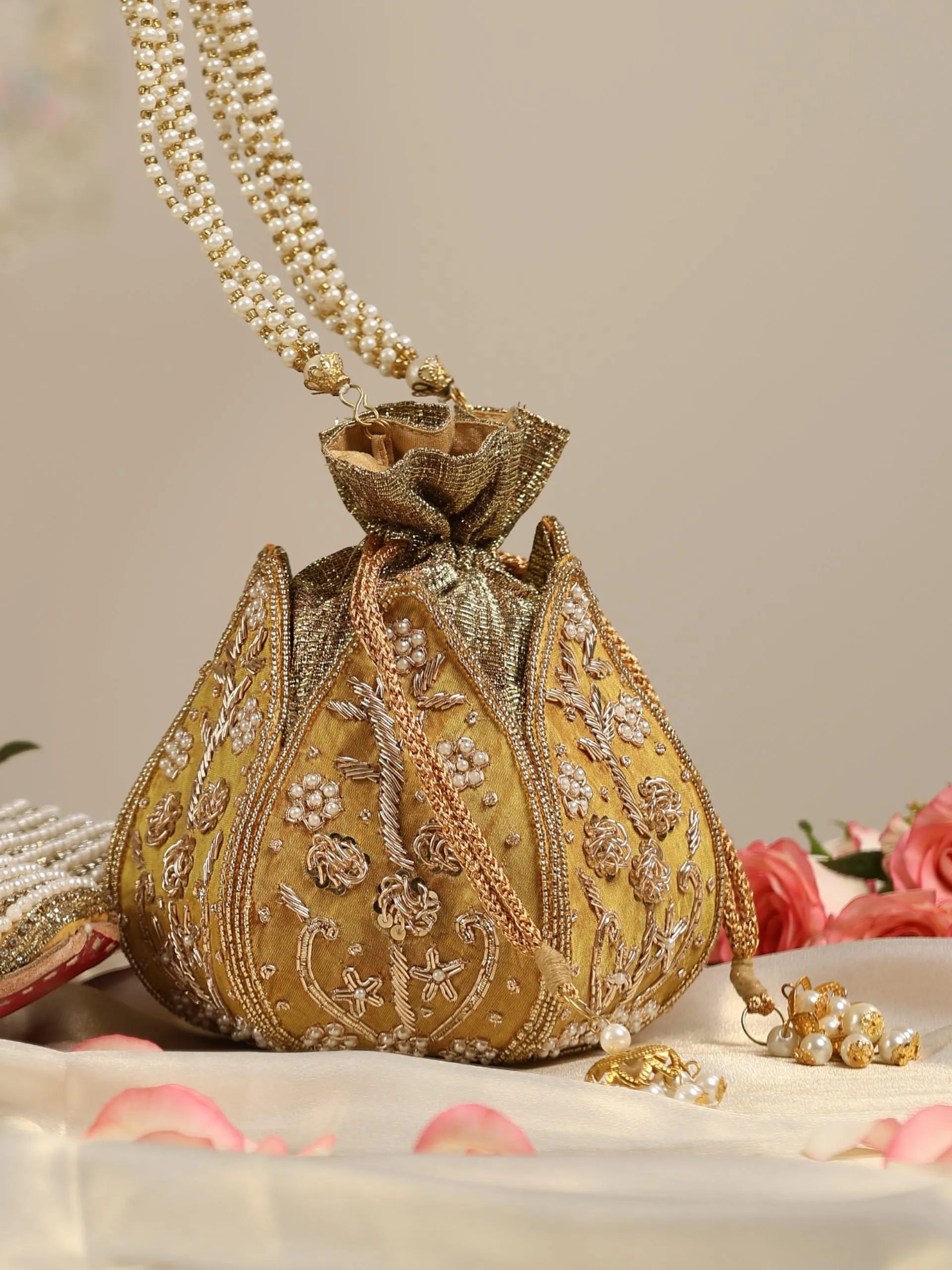 Yellow Rings Embroidered Lotus Potli Bag